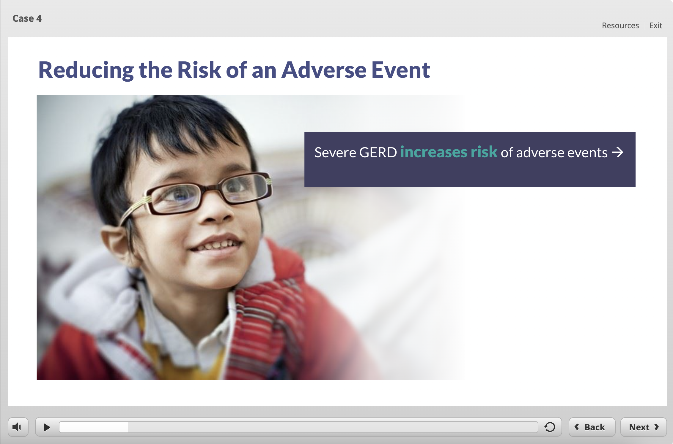 Sample screen capture from the course with the title, "Reducing the Risk of an Adverse Event." 